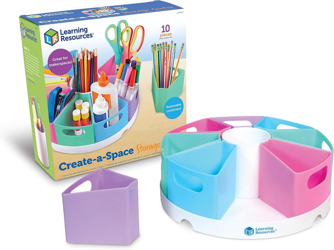 Learning Resources Create-a-Space Storage Center - Pastel, Homeschool Storage, Nursery Organizer, Fits 3oz Hand Sanitizer Bottles, Classroom Craft Keeper, 10 Piece Set