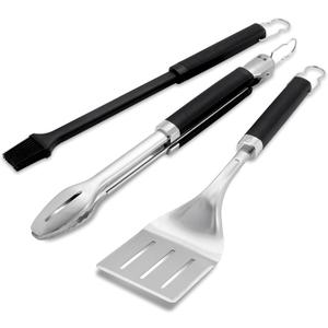Weber Precision 3Piece Grilling Tool Set Stainless Steel Tongs, Spatula & Silicone Basting Brush with NonSlip Handles and HandsFree Locking