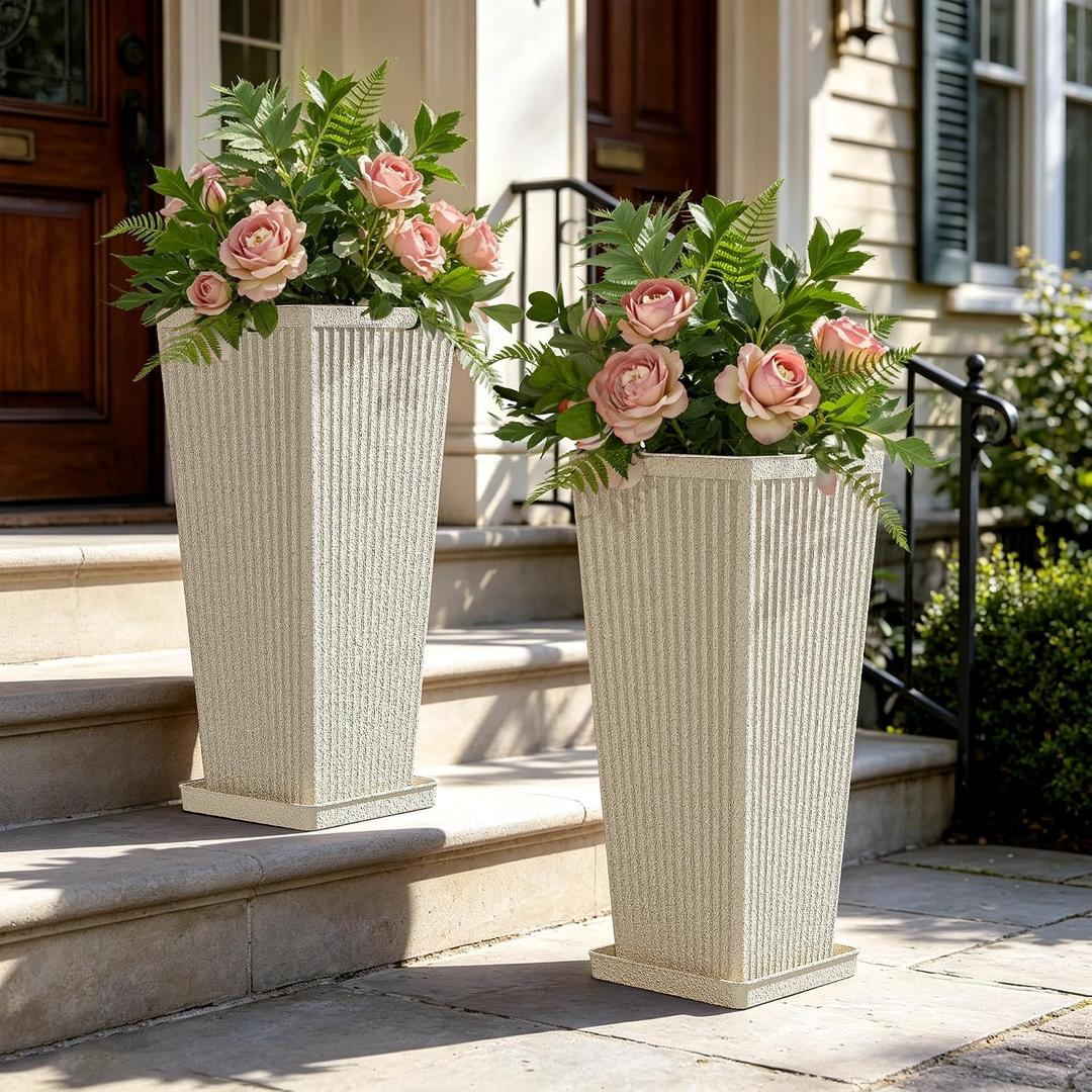 24" Tapered Tall Planters for Outdoor Plants with Tray&Shelf, Beige, 23.6"H x 10.2"W x 10.2"W