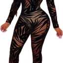 Uni Clau Women See Through Bodycon Jumpsuit - One Piece Deep V Neck Outfits Sheer Mesh Leopard Clubwear Jumpsuit Rompers (X-Large, Cy-black)