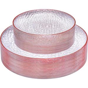 Rubtlamp 60Pcs Red Plastic Plates, Clear Plastic Plates With Red Rim, Heavy Duty Disposable Plates for Party, Fancy Hammered Plates Include 30 Red Dinner Plates 30 Clear Cake Plates
