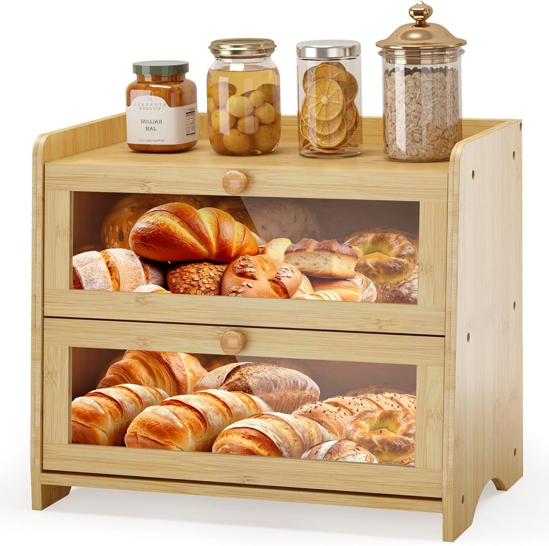 Double Layer Bread Box for Kitchen Countertop, Large Breadbox Bread Container Storage with Windows, Wooden Farmhouse Bread Holder (Natural Bamboo)