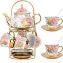 ZOMUIA 20 Pcs Porcelain Tea Set with Metal Holder, European Ceramic Tea Set for Adults, Porcelain Flower Tea Party Set Cups Saucer Service for 6, Beautiful Tea Set for Women, Gift Pack(White)
