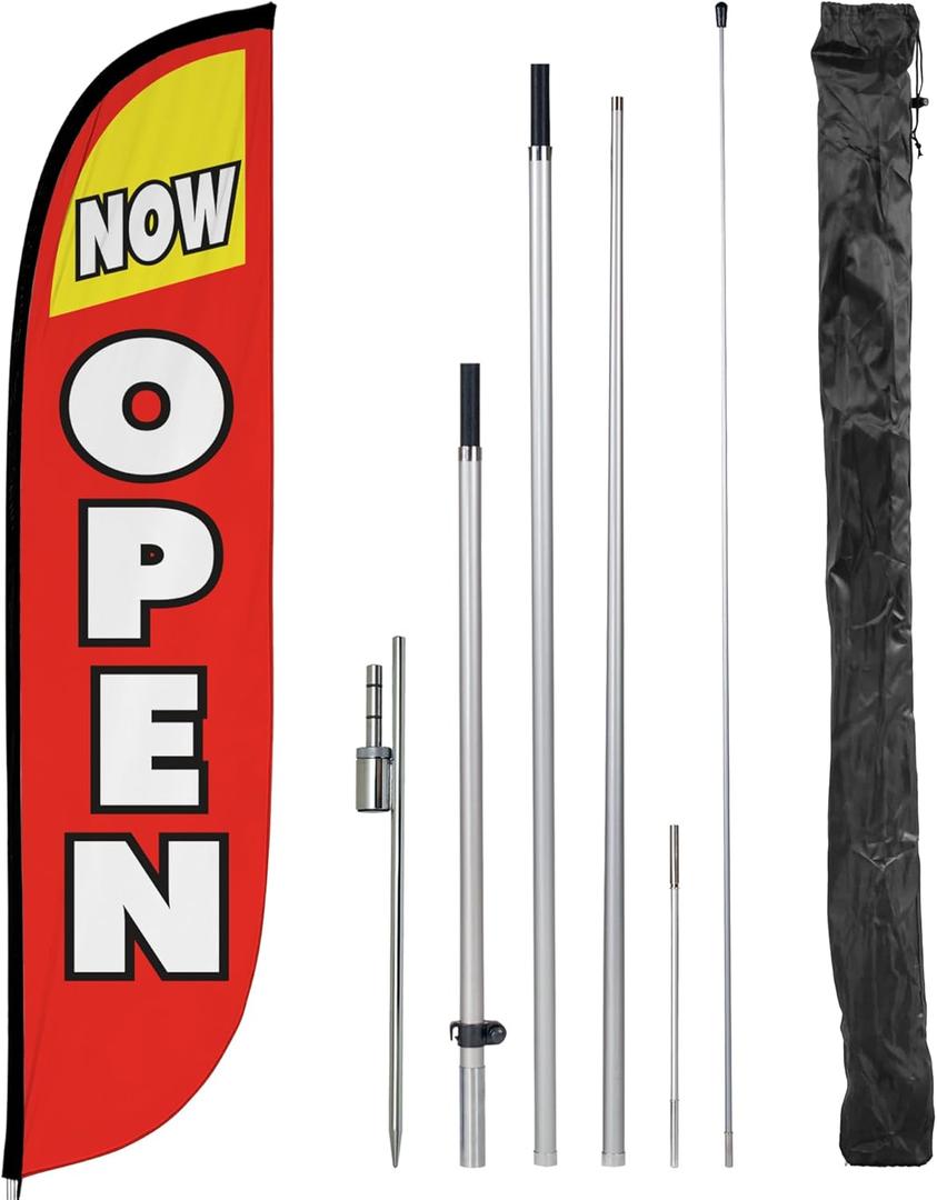 LookOurWay Feather Flag Pole Kit - 12 Feet Tall Advertising Flag Banner with Fiberglass Pole Kit and Ground Spike for Business Promotion - Grand Opening Flags - Now Open Red & Yellow (10M1200030)