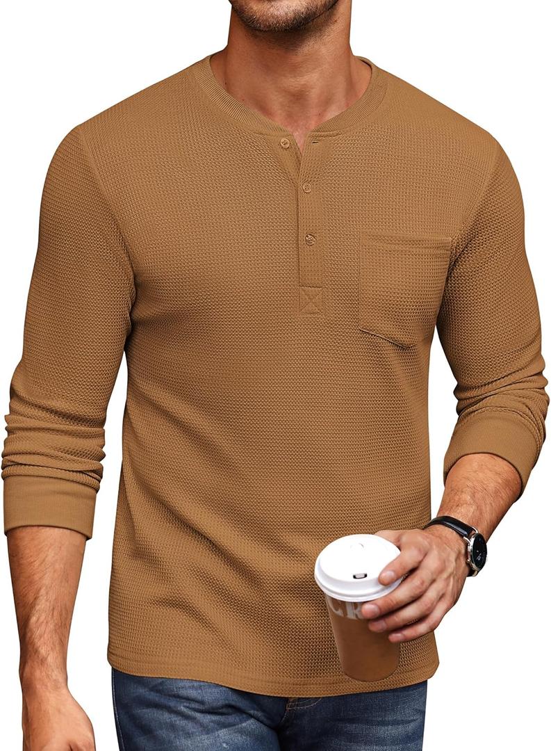 COOFANDY Men's Henley Shirts Long Sleeve Basic Waffle Pique Pullover T-Shirt with Pocket (Medium, Brown)