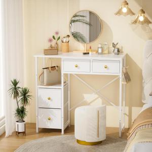 3IngSeagulls White Vanity Desk Without Mirror, Small Makeup Desk with 4 Fabric Drawers, 33.5 Inches Dressing Table with Storage, Vanity Table for Bedroom with Hook, White, Four Drawers
