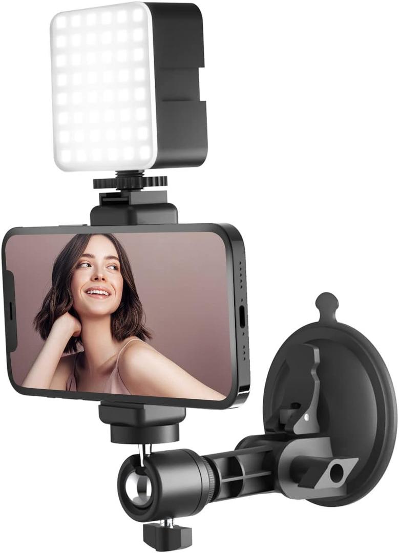 Suction Cup Mirror Phone Holder with Light, Travel Wall Phone Camera Mount for Makeup Content Creator Essentials, Mirror Tripod for Bathroom Kitchen Compatile with All Smooth Surface (Black)