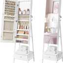 SONGMICS LED Mirror Jewelry Cabinet Standing, Lockable Jewelry Armoire with Full-Length Mirror, Space-Saving Jewelry Organizer with Mirror, Drawer and Shelf, Gift Idea, Cloud White UJJC025W01