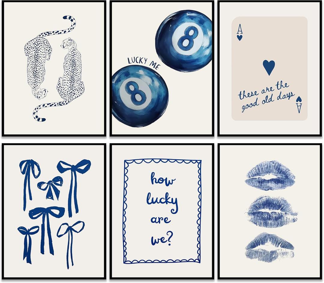 Trendy Navy Wall Art Cheetah Poster Wall Decor Funky Lucky 8 Ball Prints Trendy Preppy Aesthetic Painting Blue Bow Preppy Girly Pictures Decoration for Girls Room Dorm Apartment 8x10" Unframed, 6 Pcs