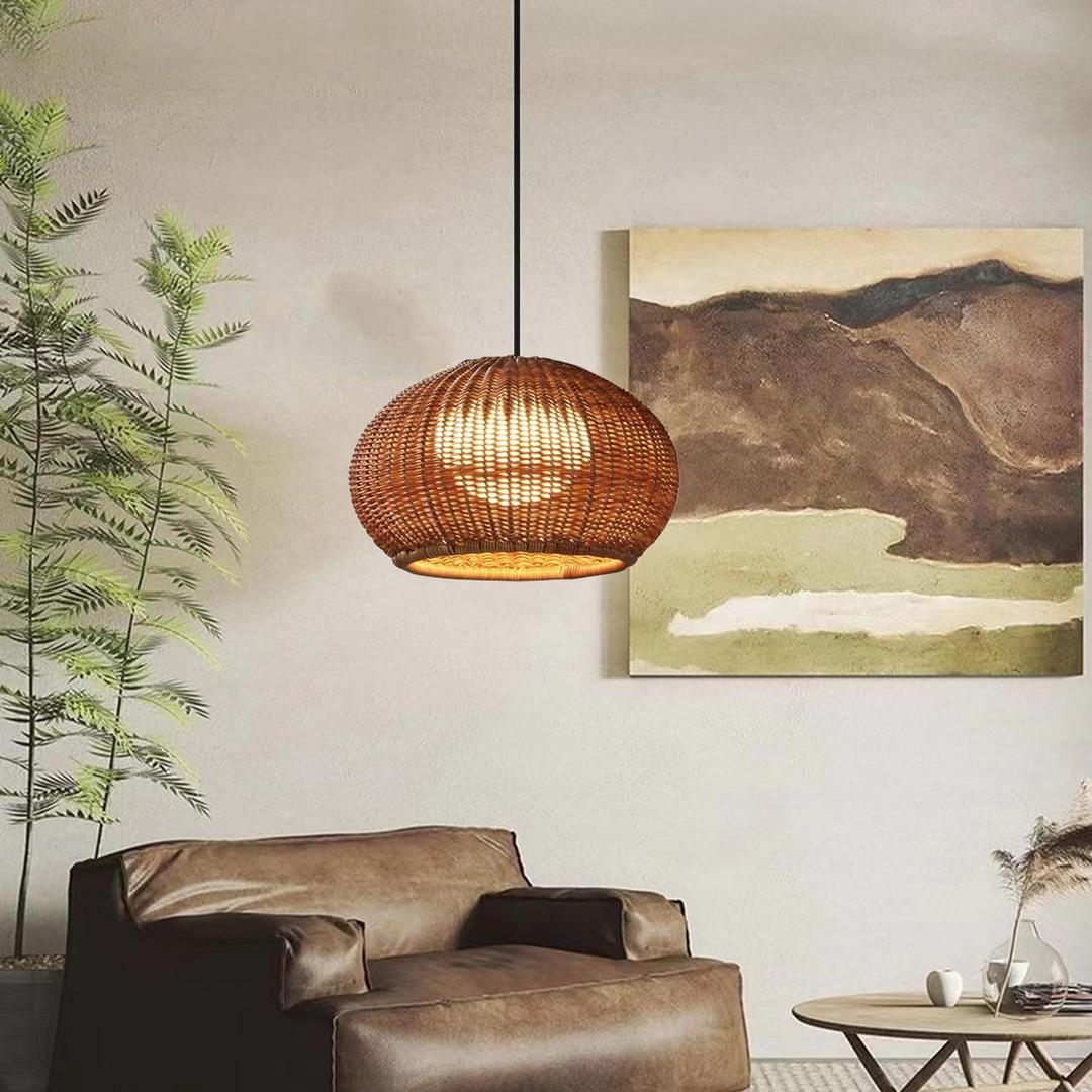MIXL- Hand-Woven Rattan Pendant Light,Waterproof Outdoor Lighting Fixture,Adjustable Pendant Hanging Lamp,Vintage Style Hanging Light for Garden Patio and Yard, 15.74"x9.45"