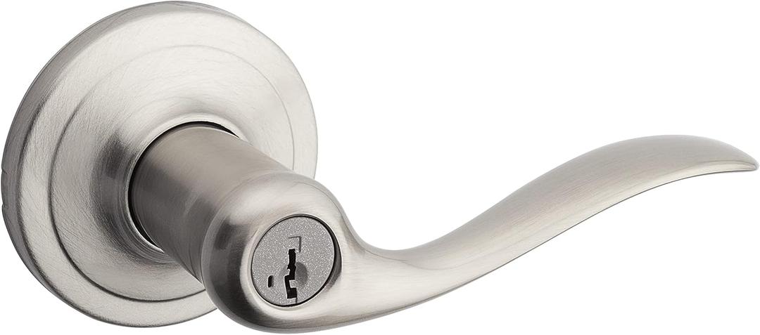 Kwikset Tustin Entry Door Handle with Lock and Key, Secure Keyed Reversible Lever Exterior, Doorlock, For Front Entrance and Bedrooms, Satin Chrome, Pick Resistant Smartkey Rekey Security