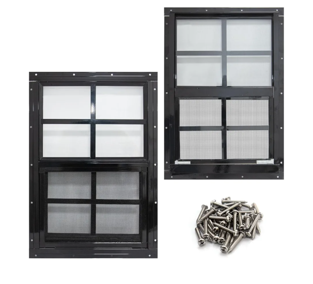 2 Pack 18" x 27" Black Shed Window with Tempered Glass and Fiberglass Screen Household Sliding Windows with Srews for Shed, Chicken Coop, Playhouse, Garage and Barns