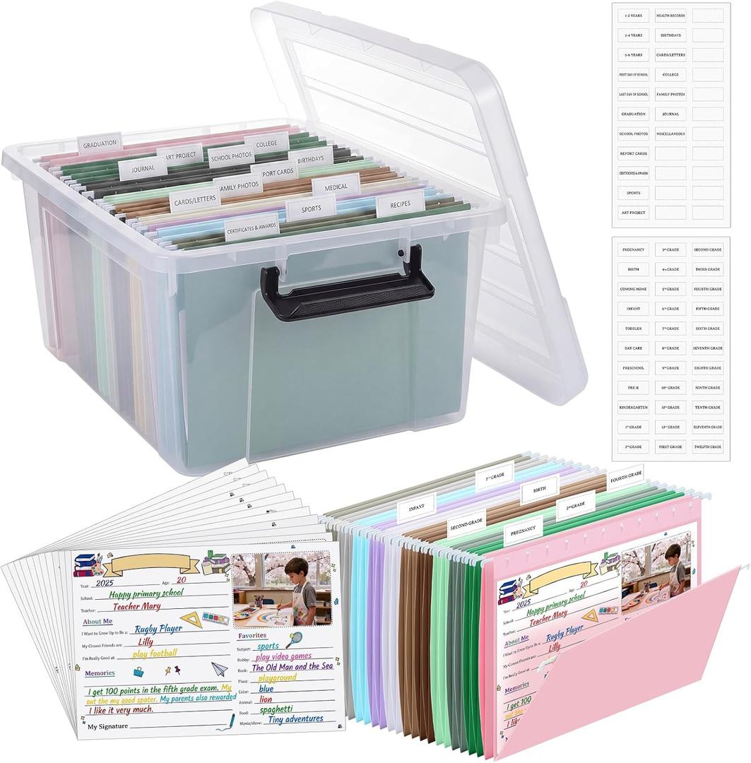 School Memory Box Organizer K-12 Memory Book School Years Keepsake Organizer with 24 Different Stages Memories Questionnaires 24 Colored File Folders 2 Labels for Kids Storage Pictures File Keeper