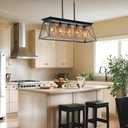 Rattan Boho Black Chandelier Dining Room Kitchen Island Light Fixture,Wicker Chandeliers Over Table 5-Light Rustic Rectangular Farmhouse Kitchen Pendant Lighting Fixtures