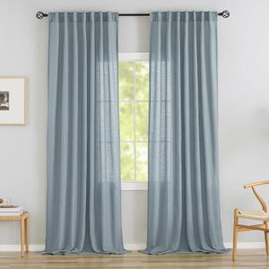 Stone Blue Linen Back Tab Curtains - 90 Inch Long, 2 Panel Set for Dining Cottage - Soft Light Weight Airy Semi Privacy Sheer Curtains with Hooks and Pocket - Light Filtering - 52 x 90 Inch Length