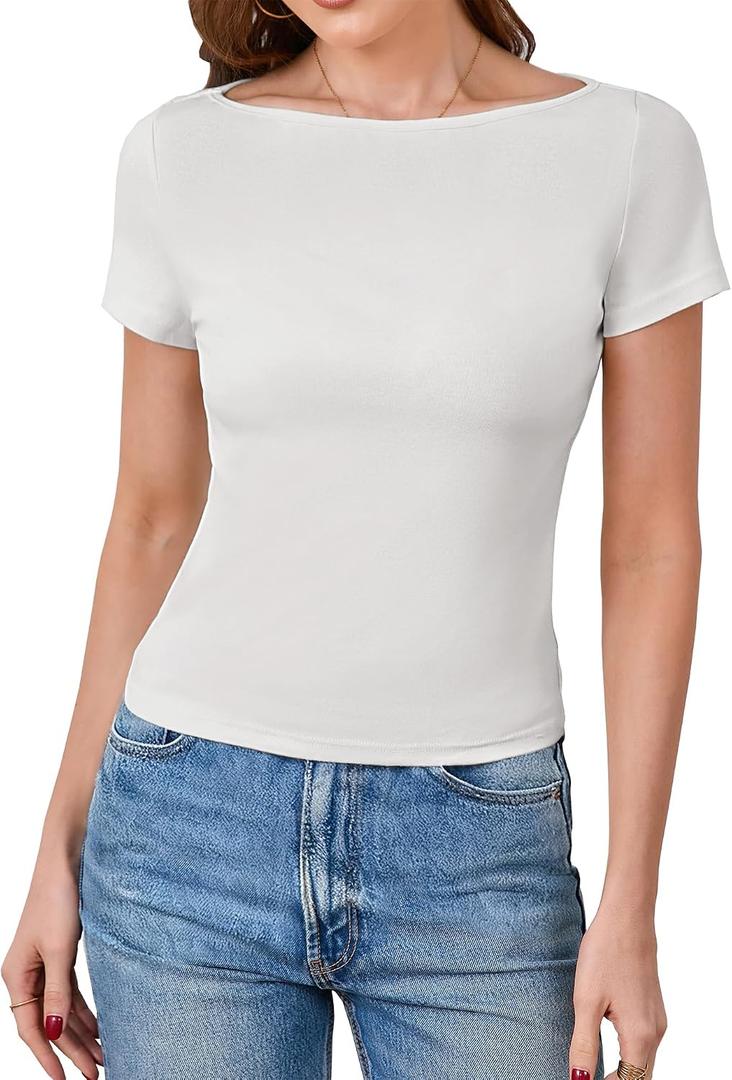 Dwnval Womens Cute Boat Neck Long Sleeve Crop Tops Soft Ribbed Knited Cropped Tees (S#White, XS)