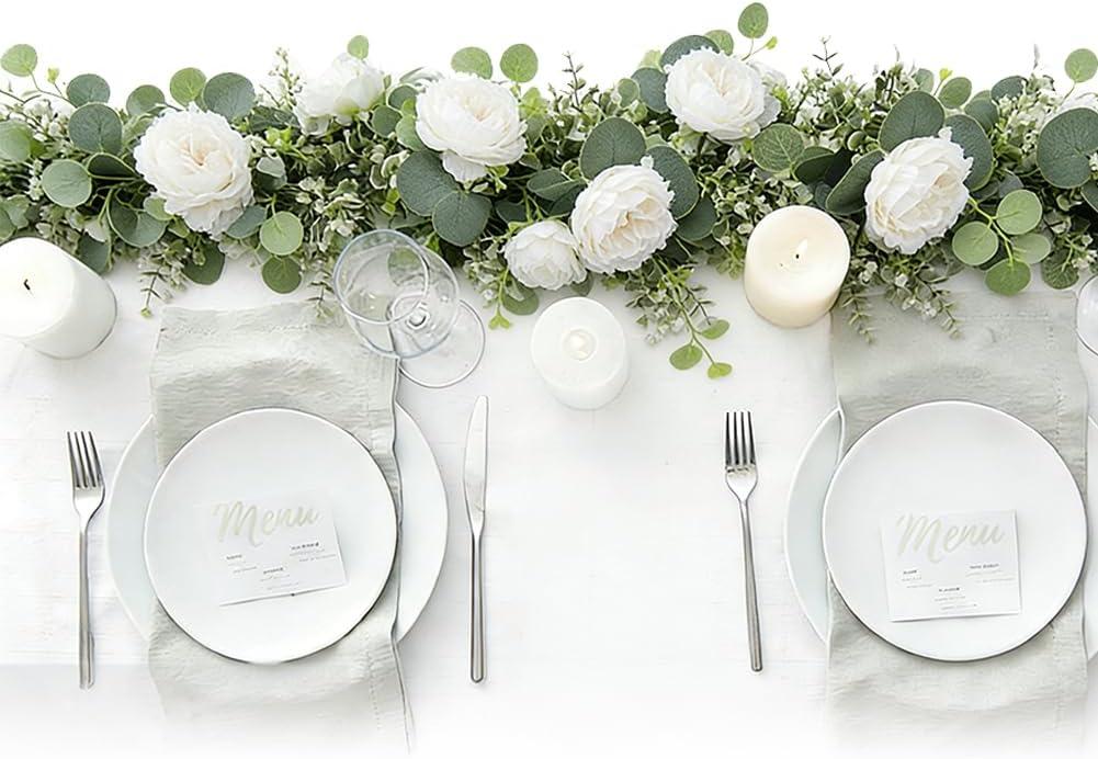 6Pcs 35Ft Eucalyptus Garland with Flowers, Faux Greenery Garland Vines, Artificial Flower Garlands for Wedding Table Backdrop Arch Wall Party Ceremony Decorations (Eucalyptus & White Rose 2)