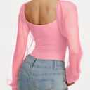 REORIA Women's 2025 Fall Casual Mesh Long Sleeve Square Neck Tops Trendy Cute Dressy Slim Fit Going Out T-Shirts (Pink, L)