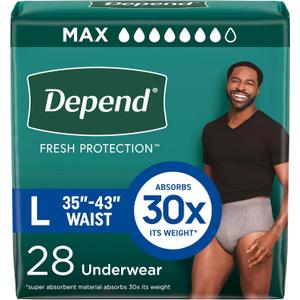 Depend Fresh Protection Adult Diapers, Incontinence Underwear for Men, Disposable, Maximum, Large, Grey, 28 Count