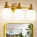 Keonjinn Gold Bathroom Light Fixtures, 3-Light Vintage Vanity Lights for Mirror with Frosted Glass Shades, UL Listed E26 Base(Bulbs Not Included), Reversible Vanity Lighting Fixtures for Bathroom