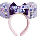2 x Mouse Ears Birthday Girl Headbands with Dream Balloon&Shiny Sequins, for Princess Costume Cosplay Glitter Party Props, Soft Flannel, Purple; BR-FLZ