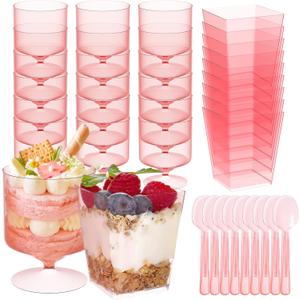 120 Packs Pink Dessert Cup with Spoons 5 Oz Mini Clear Parfait Cups, Square Dessert Shot Glasse, Round Yogurt Cups, Shooters Cups for Party, Reusable Fruit Ice Cream Cake Pudding Cups