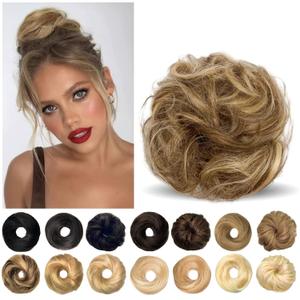 Messy Bun Hair Piece - Real Human Hair Donut Buns for Women (Brown Mixed Honey Blonde) (4 Inch)