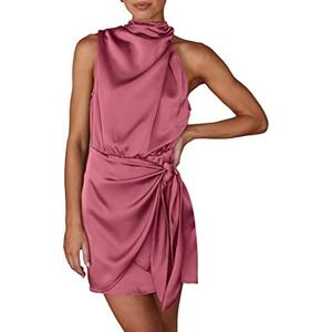 PRETTYGARDEN Women's Short Formal Satin Dress Summer Sleeveless Mock Neck Tie Waist Cocktail Party Dresses S