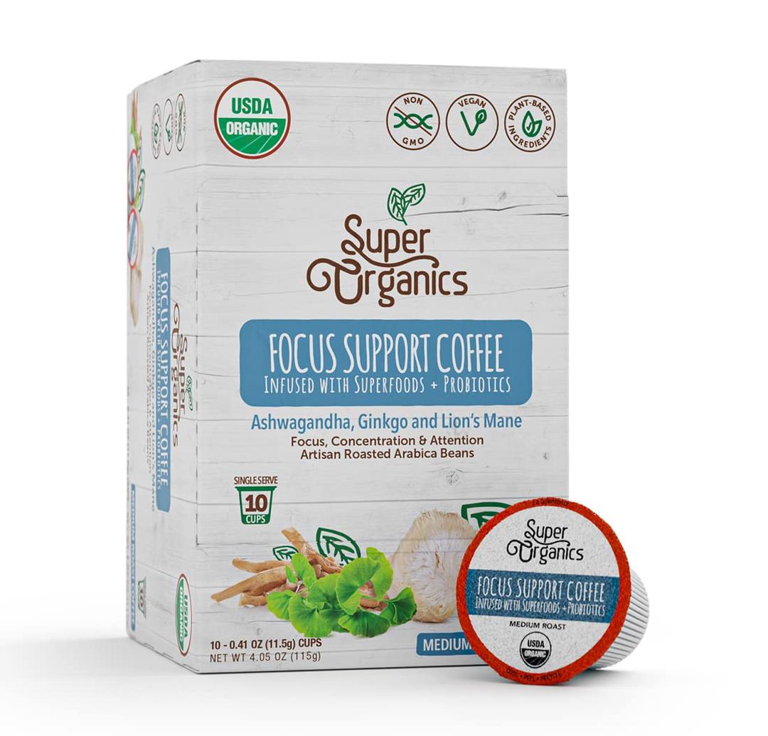 Super Organics Focus Support Coffee Brew Cups With Superfoods & Probiotics, Adaptogens, Medium Roast, USDA Certified, Vegan, Non-GMO, 10 count (EXP 08/21/26)