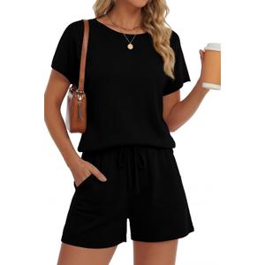 PRETTYGARDEN Two Piece Set for Women Summer Lounge Sets Shorts And Short Sleeve Tops Knitted Matching Travel Spring Outfits (Black, M)