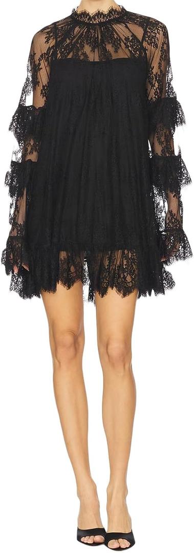 Women Lace See Through Mini Dress Long Sleeve High Neck Loose Fit Sheer Floral Short Dress Sexy Beach Cover Up (Large, Black)