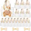 BBTO 16 Pcs Clear Plastic Gift Bags with Handle Transparent Reusable PVC Bags with Fishtail Ribbon for Bridal Party Baby Shower Wedding Shopping, 7.87 x 3.94 x 7.09''(Beige)