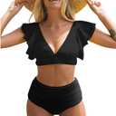 IFFEI Mommy and Me Family Matching Swimsuits Ruffle Sleeve Tie Back Womens Bathing Suit Two Piece Bikini Sets (Black, M)