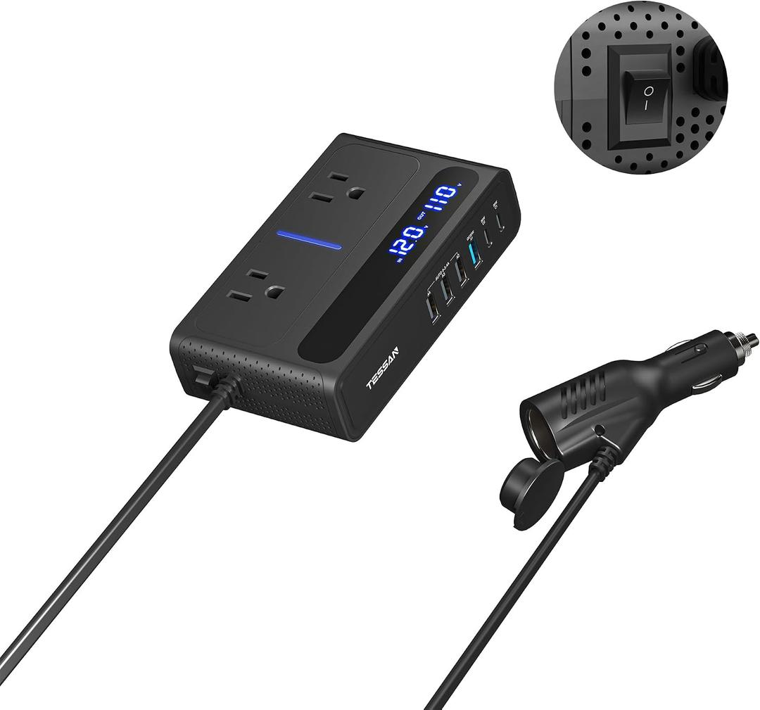 200W Car Power Inverter, TESSAN 12V DC to 110V AC Converter with 2 AC Outlets and 6 USB Ports with 65W USB-C, Car Charger Adapter PD/QC 3.0 Fast Charging, Car-Essentials for Camping, Road Trip, Black