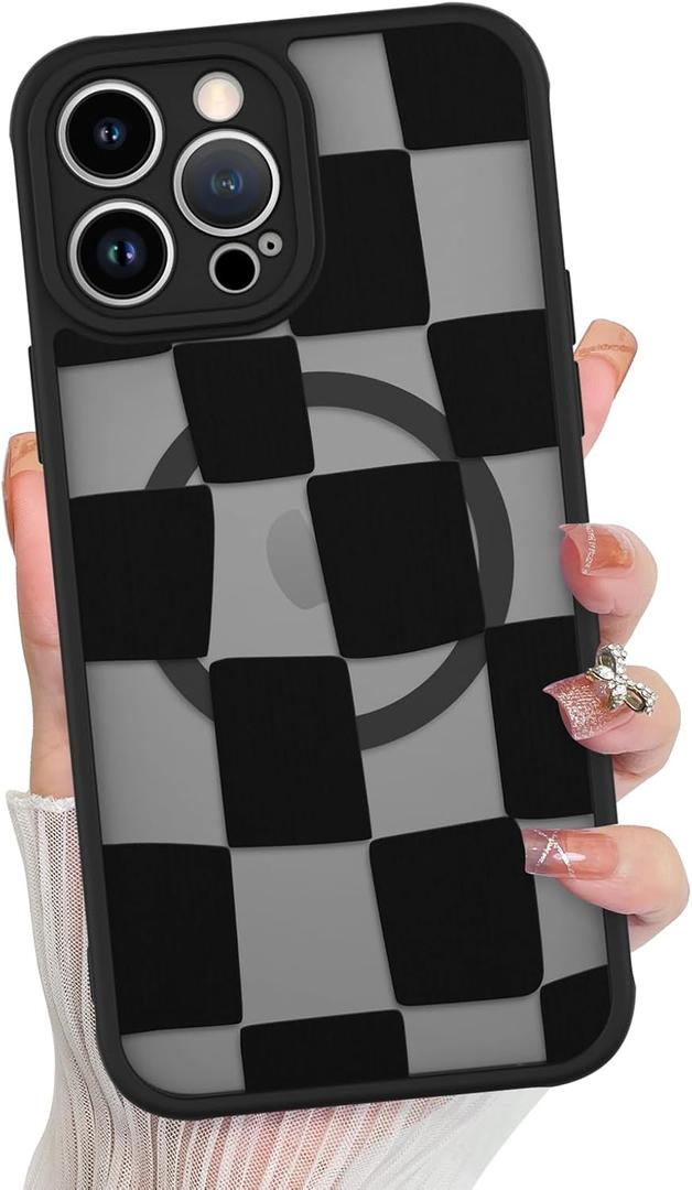 KANGHAR for iPhone 14 Pro Max Case Checkered Matte Aesthetic Cute Pattern Magnetic [Compatible with Magsafe] Slim Shockproof Full Body Protection for Girls Women