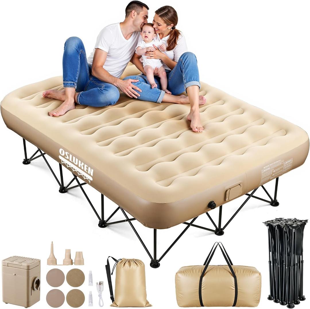Upgraded Queen Inflatable Air Mattress with Frame, Self-Inflating Air Mattress Built in Pump Strong Support, Blow Up Queen Airbed Folding Camping Bed for Camping, Home, Guests, Portable Travel