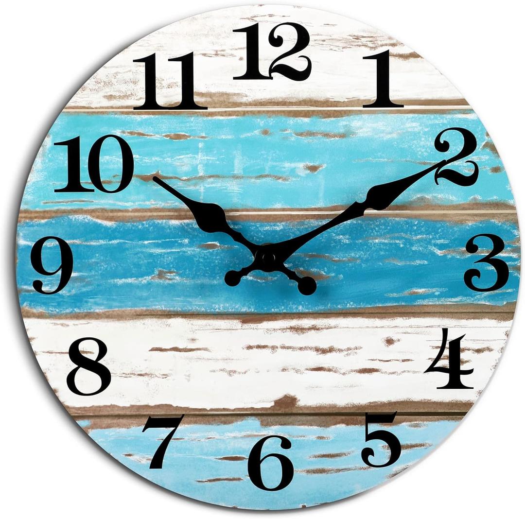 Beach Themed Blue Wall Clocks Battery Operated Silent Non-Ticking, Vintage Round Rustic Coastal Nautical Clock Decorative for Home Kitchen Living Room Office Bathroom Bedroom(10 Inch) (10 inches, A-blue,white)