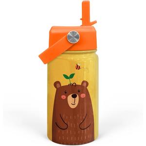 Bear Water Bottle - Kids Water Bottle with Straw Lid - 12 Oz Insulated Stainless Steel Water Bottles for Kid Boys - Travel Cup for School Sports