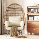 GAOMON Oversized Wicker Egg Chair Outdoor, Patio Lounge Chair with Ultra Luxury Cushions & Steel Frame, 350LBs Capacity Egg Chair Indoor Outdoor for Balcony, Patio, Living Room, White, No Swivel, No Ottoman