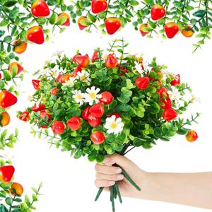 10 Pack Artificial Strawberry Branches Decoration Fake Strawberry Stems with Green Leaves and Daisies for Farmhouse Home Wedding Birthday Table Centerpiece & Party Arrangement