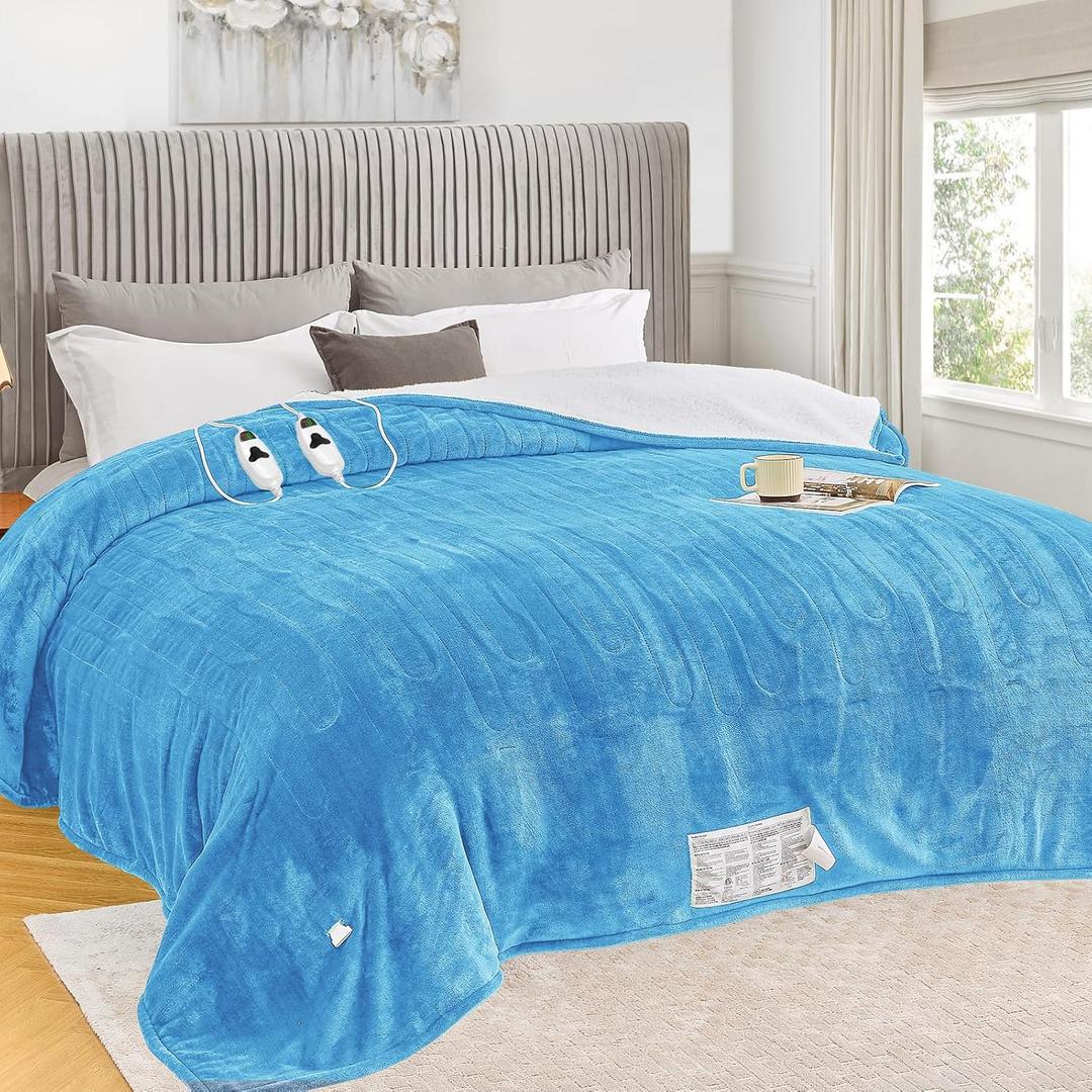greenoak Heated Blanket Electric Full 72"X84", Heating Blankets with 10 Heat Levels 8 Hours Auto-Off, Soft Flannel Sherpa Fluffy House Warming Gifts for Grandma Seniors Momt, Pale Blue