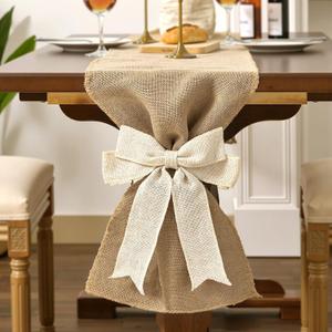 MelonBoat Farmhouse Table Runner: 72 Inch Bohemian Burlap Table Runner Collection, White Bow-Tied Boho Table Decor, Rustic Christmas Table Decoration for Xmas Home Decor Banquet Wedding Decor