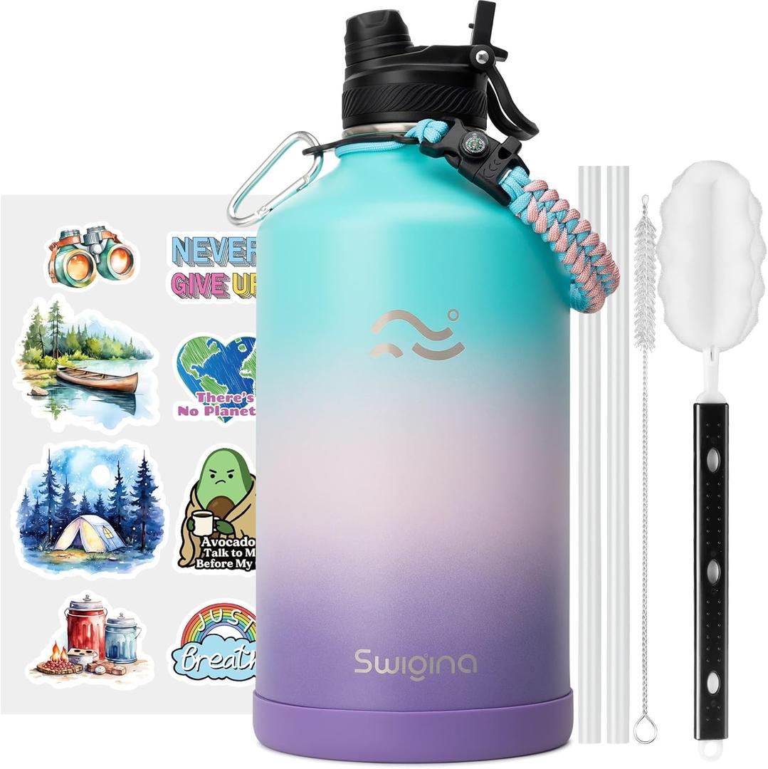 [2-IN-1 LID] Gallon Insulated Water Bottle with Silicone Boot (48hrs Cold/24hrs Hot) - DIY Stickers, Leakproof, BPA Free, 128 oz (Hydrangea)