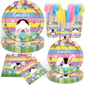Happy Easter Plates and Napkins Serves 24 , Spring Easter Party Supplies Colorful Bunny Paper Plates and Napkins for Spring Birthday Easter Holiday Baby Shower Party Decorations