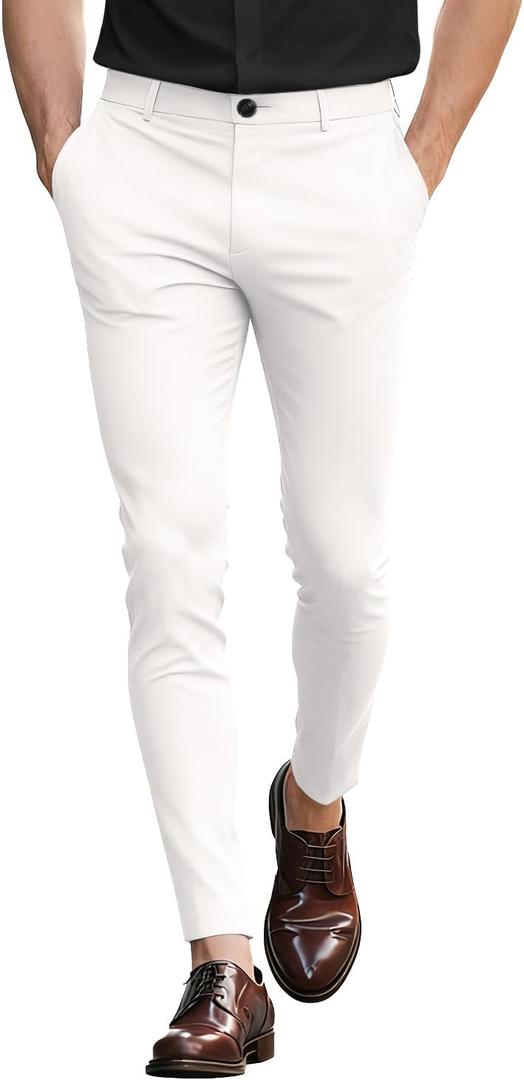 GINGTTO Mens White Pants Casual Dress Pants for Men Slim Fit Stretch Formal Pants Men 30Wx30L (White)
