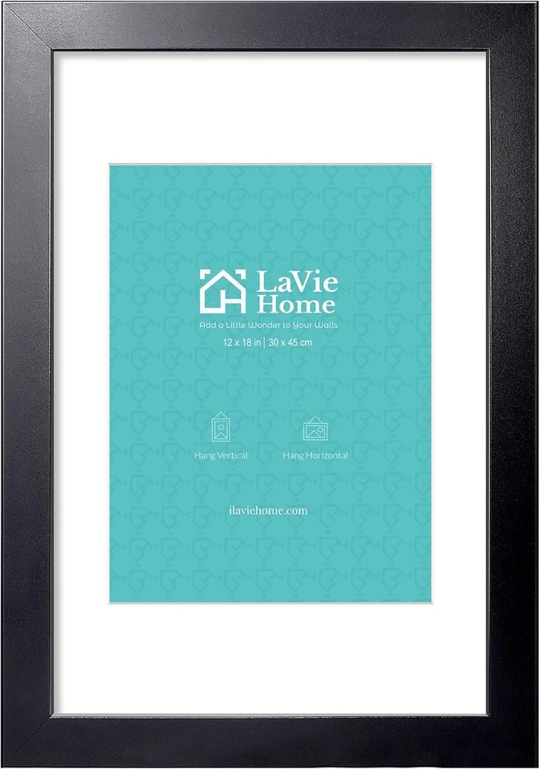 LaVie Home 12x18 Picture Frame Black Poster Frame,Display Pictures 9x12 with Mat or 12x18 Without Mat, Stable and Sturdy Frame and Polished Plexiglass, Horizontal and Vertical Format of The Walls