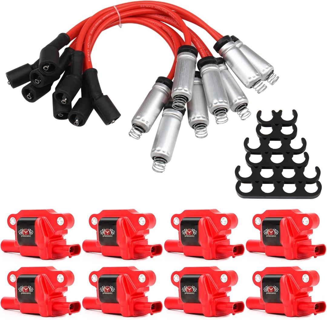 Set of 8 UF413 Square Ignition Coils with 8mm 748UU Spark Plug Wires, Compatible with Chevy Silverado 1500 GMC Pontiac G8 Grand Prix H3 Tahoe Yukon, Replacement for UF413 D510C 5C1554