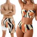 Couples Matching Swimsuit Zebra Print, Push-Up Bra Women Bikini Set, Soft Elastic Men Swim Trunks (Medium)