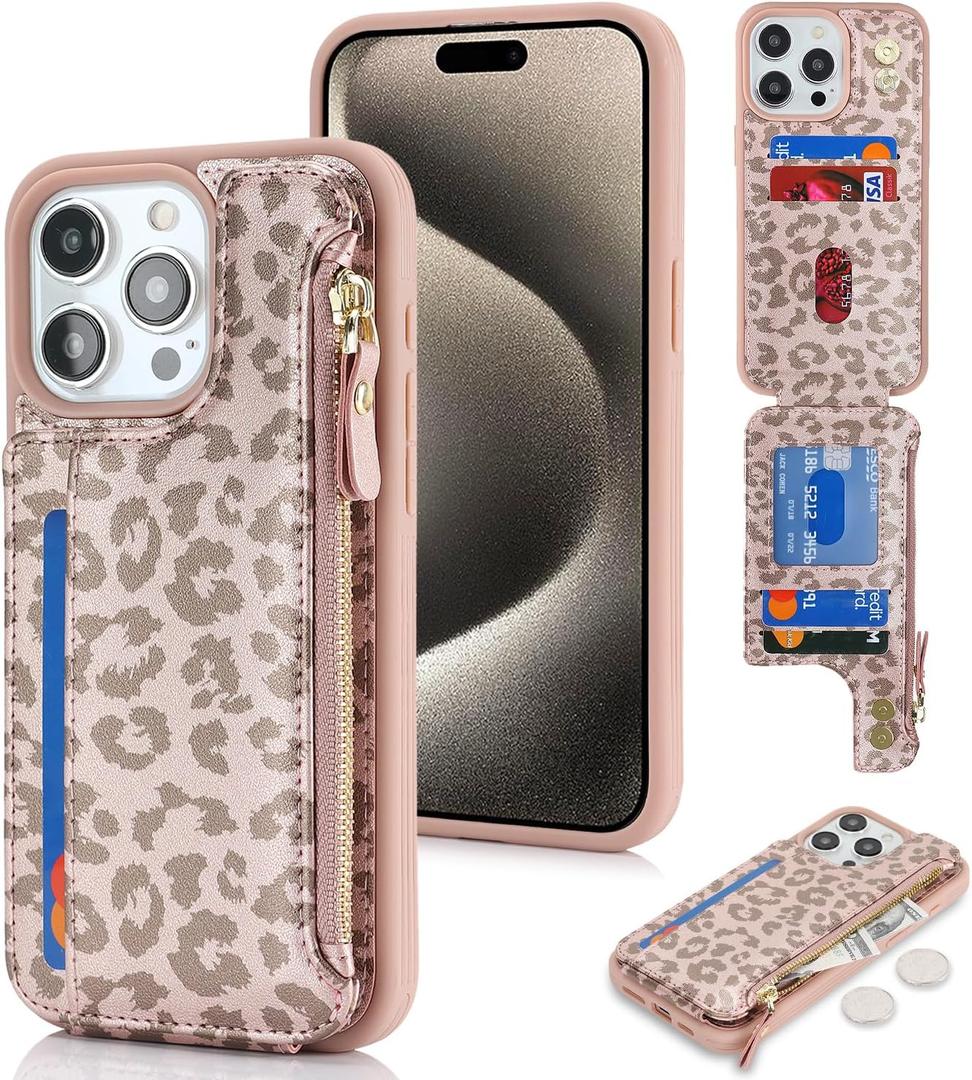 Cavor for iPhone 12 Pro Max/13 Pro Max Case with Card Holder,for iPhone 13 Pro Max Wallet Case for Women, PU Leather Zipper Pocket Protective Card Slots Phone Cover-Rose Gold Leopard