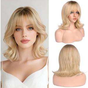 Haloo Blonde Short Bob Wigs with Bangs Shoulder Length Wavy Layered Flipped Ends Natural Looking Medium Synthetic Hair Wig for Women Daily Party, 14 Inch Ombre Blonde